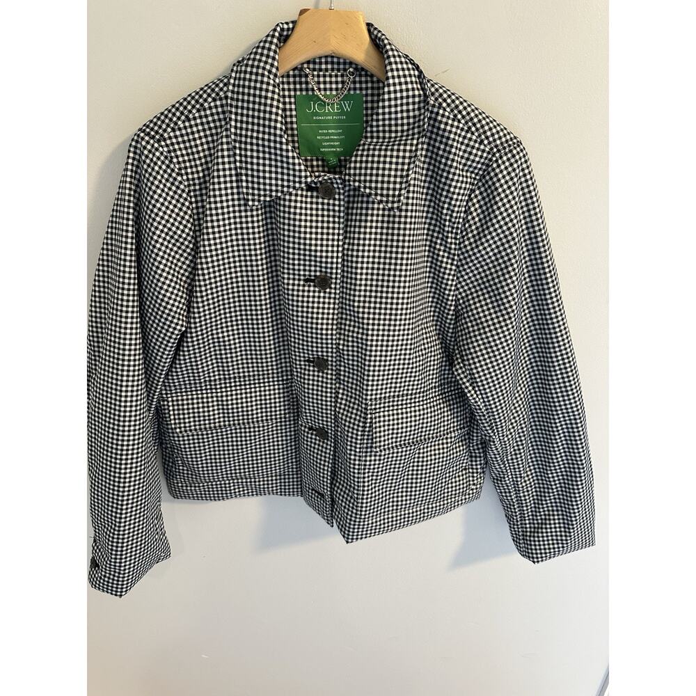 J.Crew Signature Puffer Jacket Women L Gingham Black White Cropped Lightweight